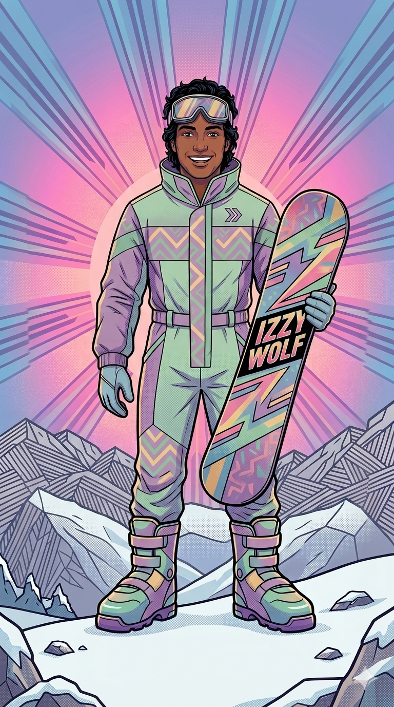 Izzy Wolf — a smiling snowboarder in a pastel suit holding an Izzy Wolf board on a snowy summit.
