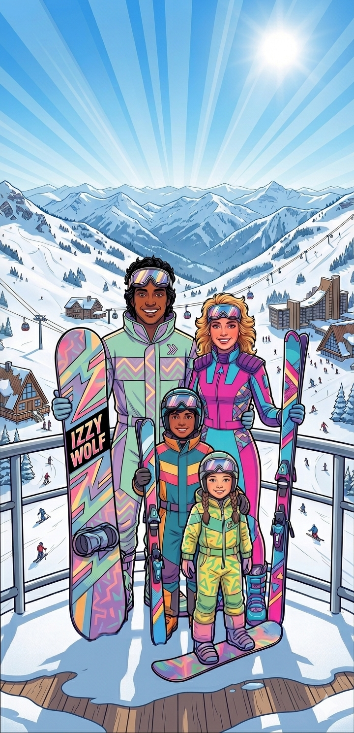 An Izzy Wolf family of four in colorful ski suits on a sunny mountain deck, holding skis and an Izzy Wolf snowboard.
