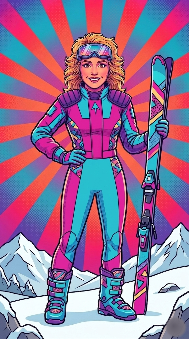 Izzy Wolf — a smiling skier in a teal-and-magenta suit holding skis on a snowy summit.