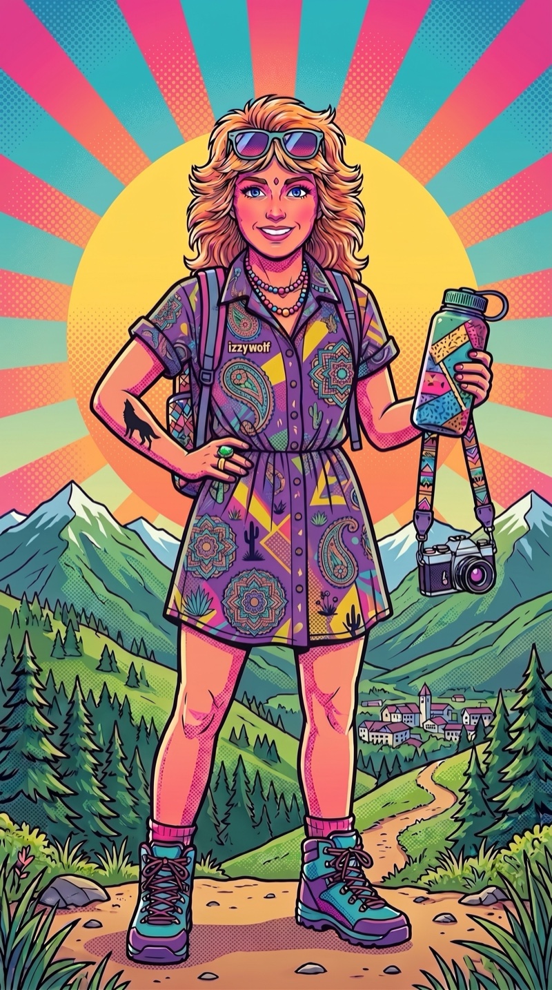 Izzy Wolf in summer — a smiling hiker in a paisley shirt-dress with a backpack, water bottle and camera, on a trail above a mountain village under a sunburst.