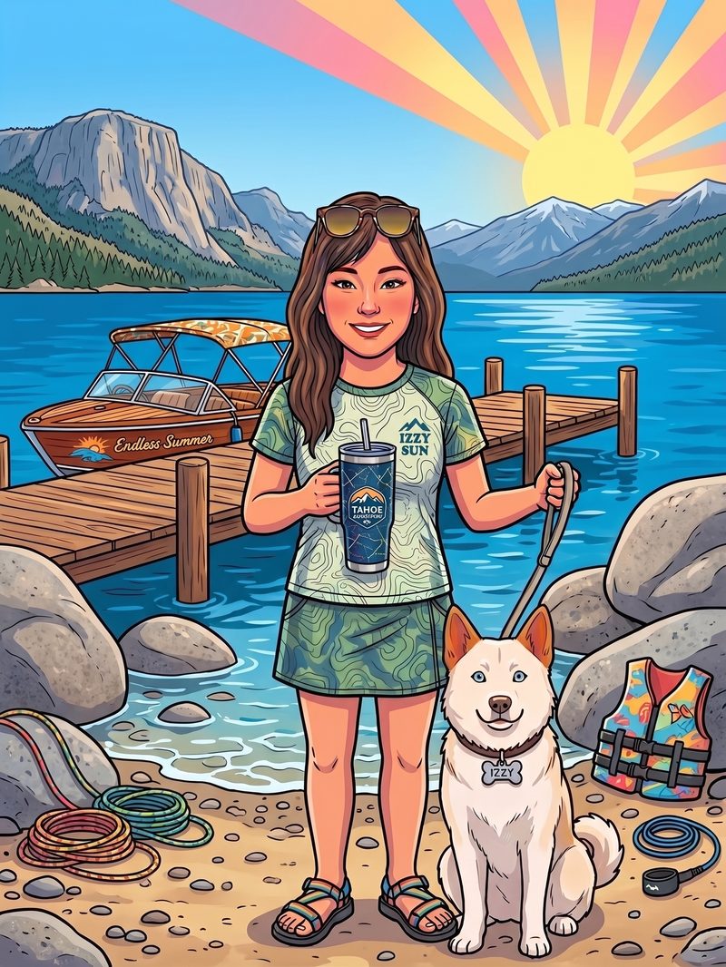 Izzy Wolf in summer — standing on a lakeside dock with a dog, a boat and mountains behind, under a rising sun.