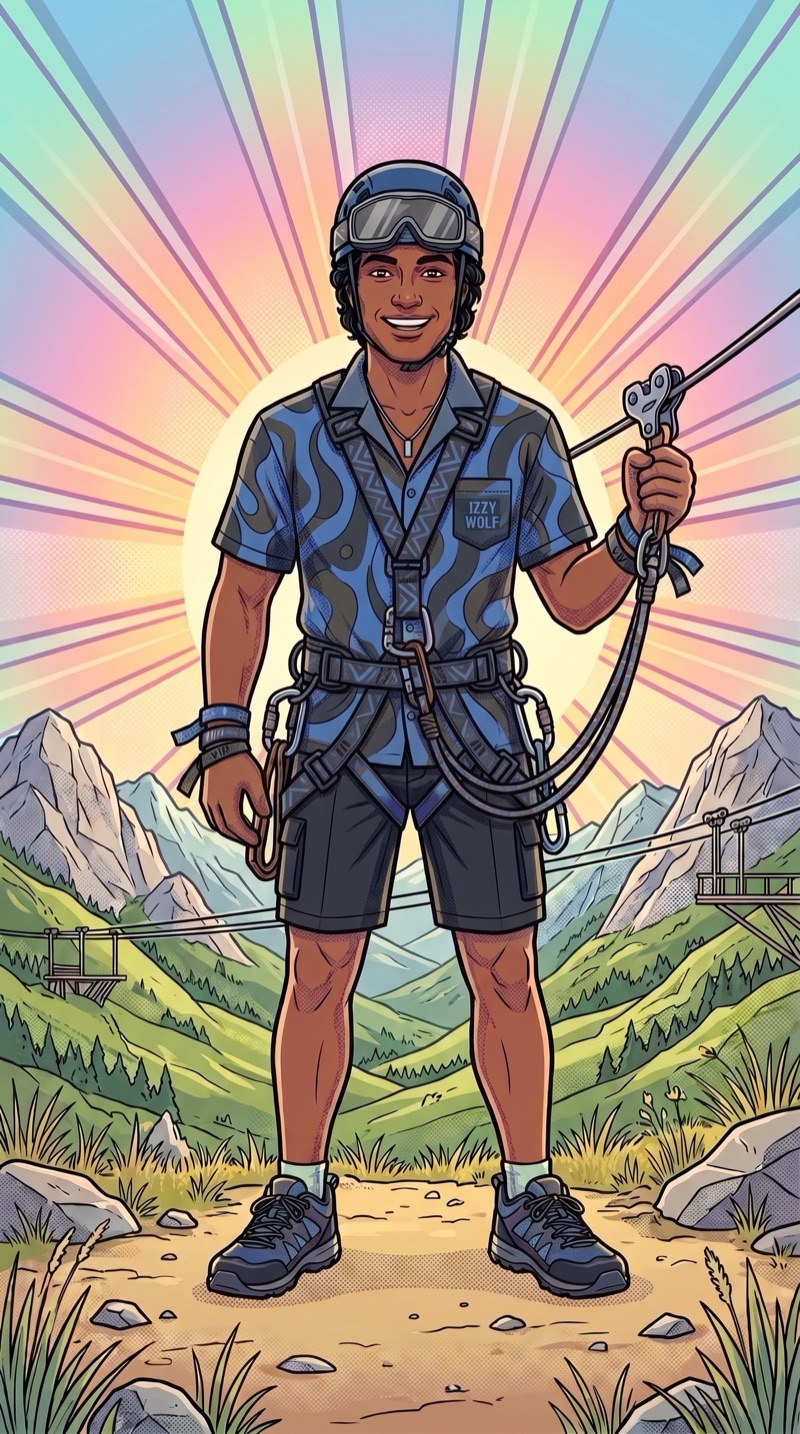 Izzy Wolf in summer — a smiling zipliner in a helmet and harness on a green mountainside under a sunburst.
